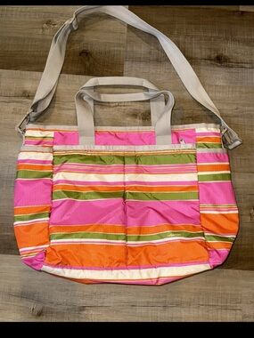 Lesportsac Pink, Orange & Olive Striped Tote